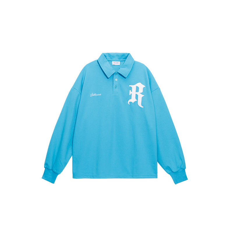 UNTILWERICH Patchwork Leather Embroidery Long Sleeve Polo