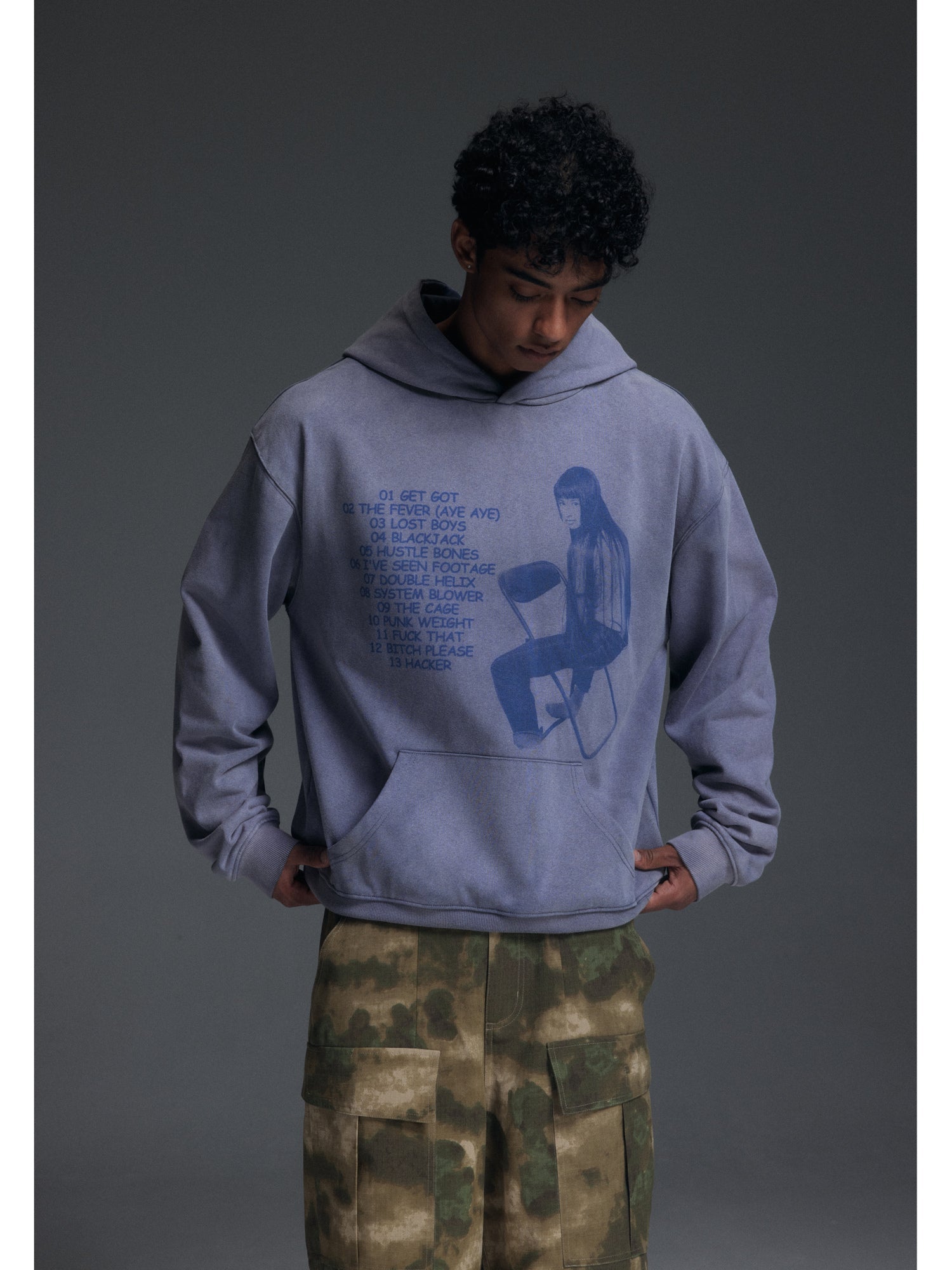 NOVACAM Washed Distressed Vintage Print Hoodie