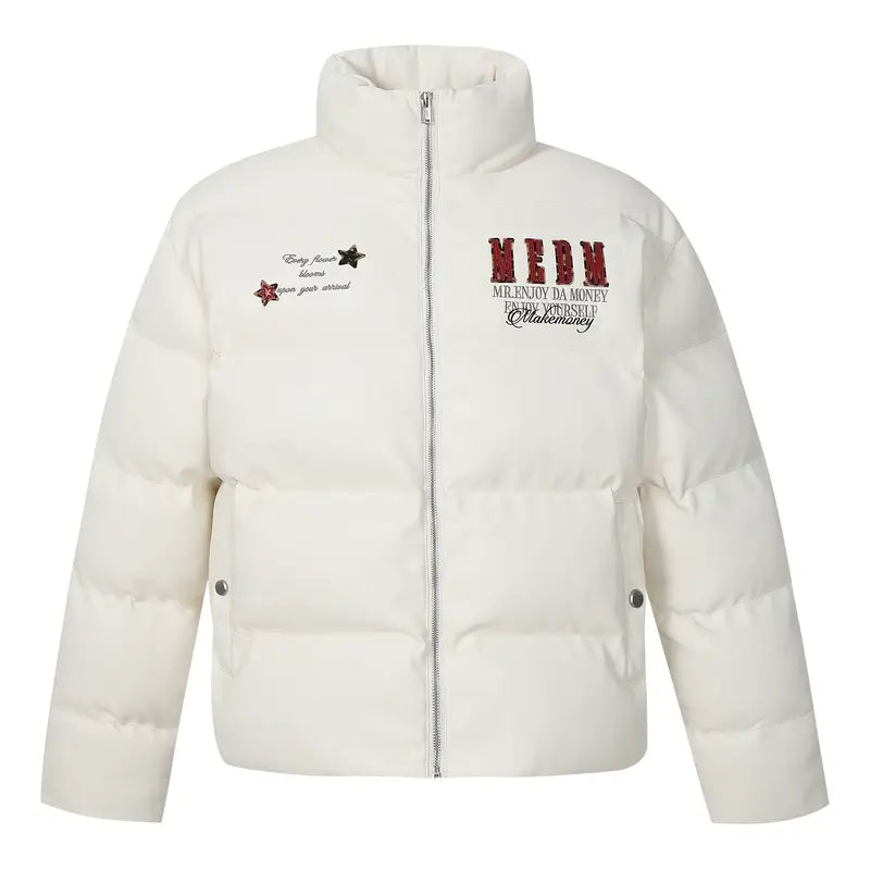 MEDM Leopard Patch PU Leather Puffer Jacket
