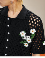 MEDM Flower Embroidery Open Knit Short Sleeve Shirt
