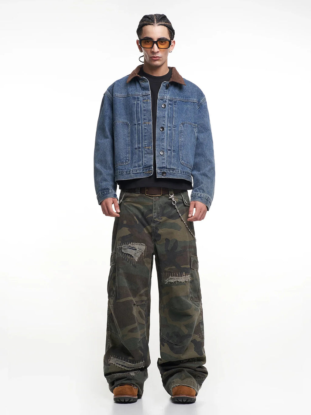 F3F Select Suede Lapel Washed Denim Jacket