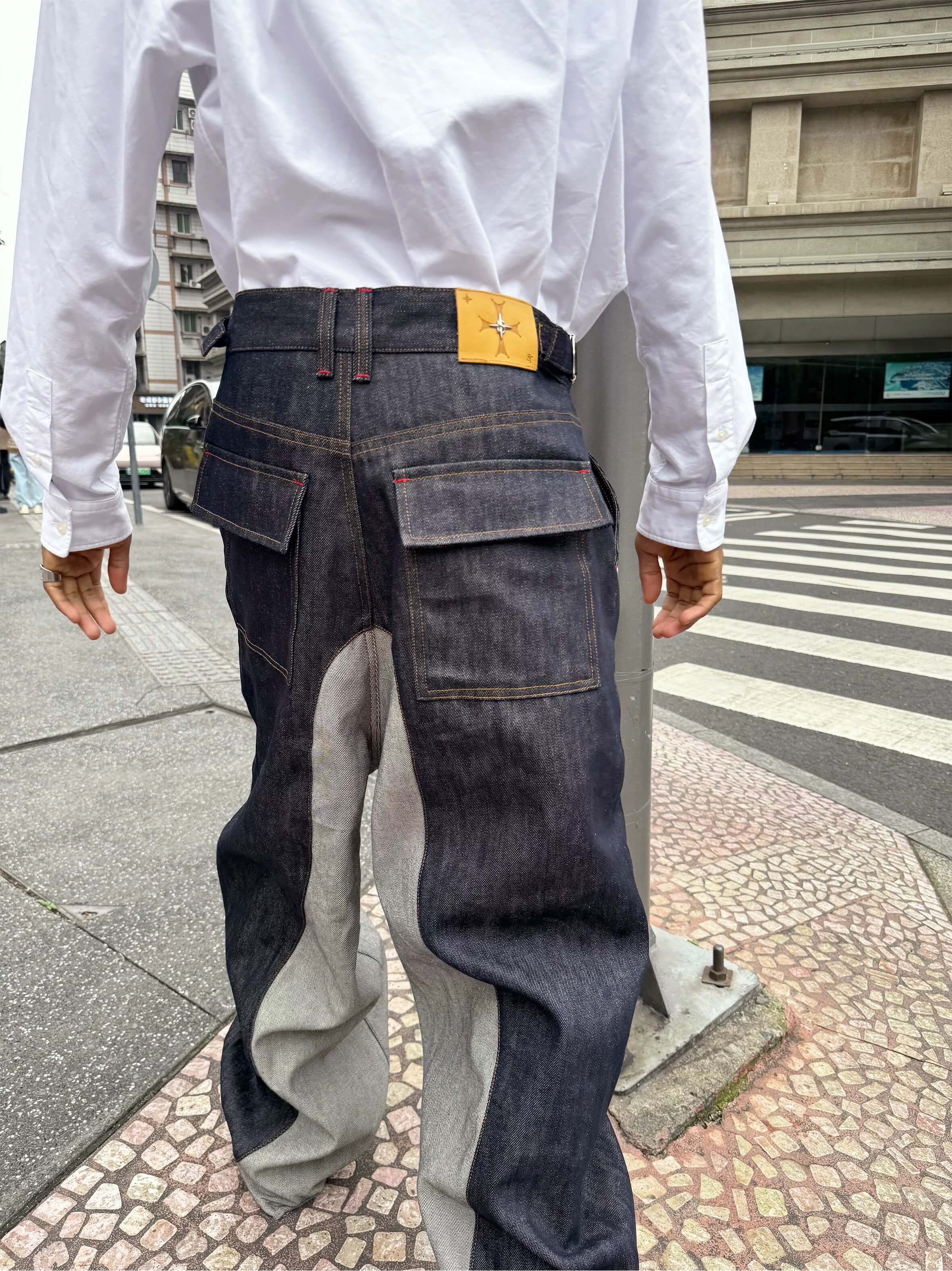 STEEPC Button Fly Reverse Patchwork Baggy Jeans