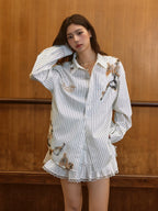 Harsh and Cruel Burnout Lace Embroidered Striped Long Sleeve Shirt