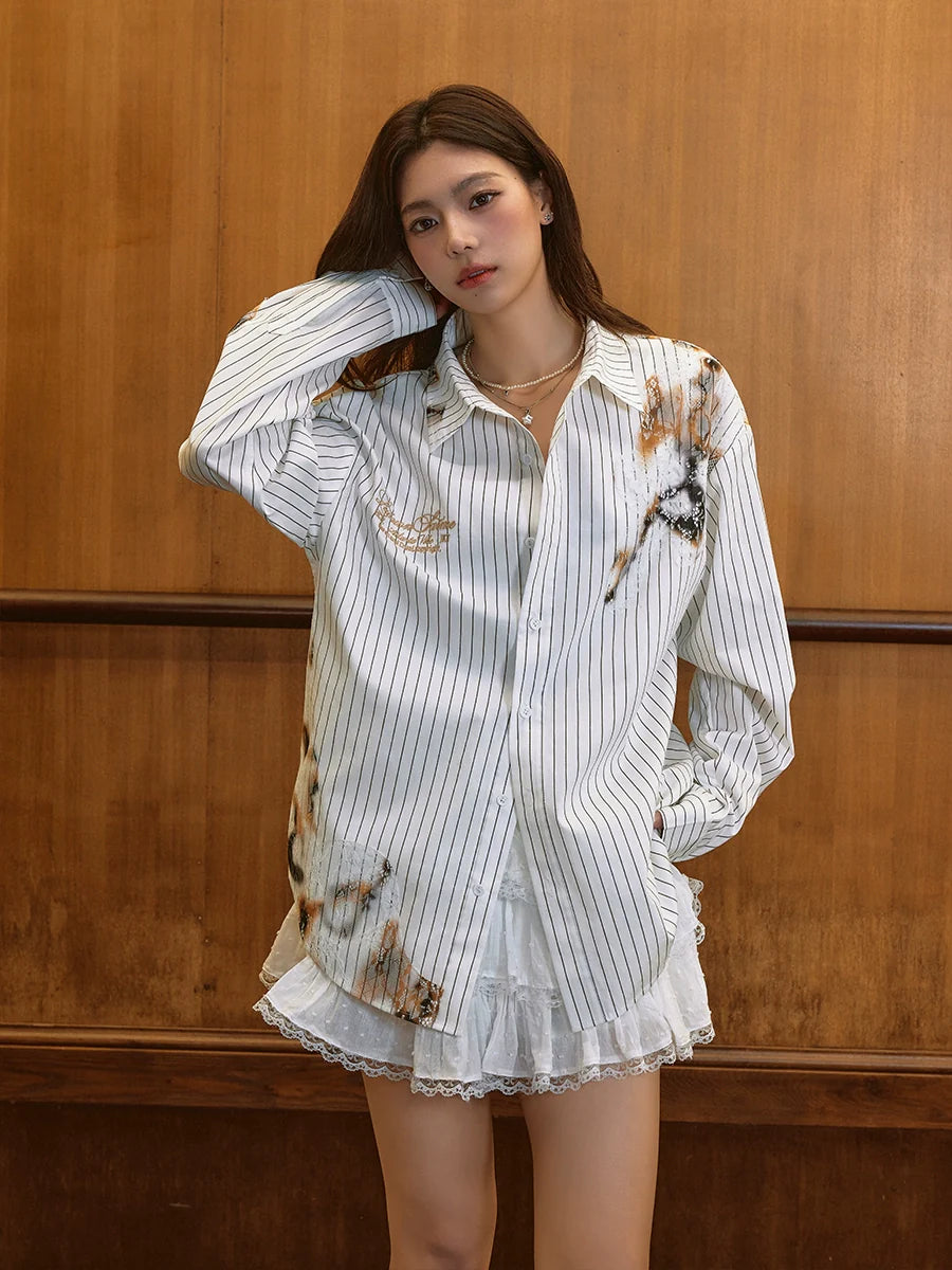 Harsh and Cruel Burnout Lace Embroidered Striped Long Sleeve Shirt