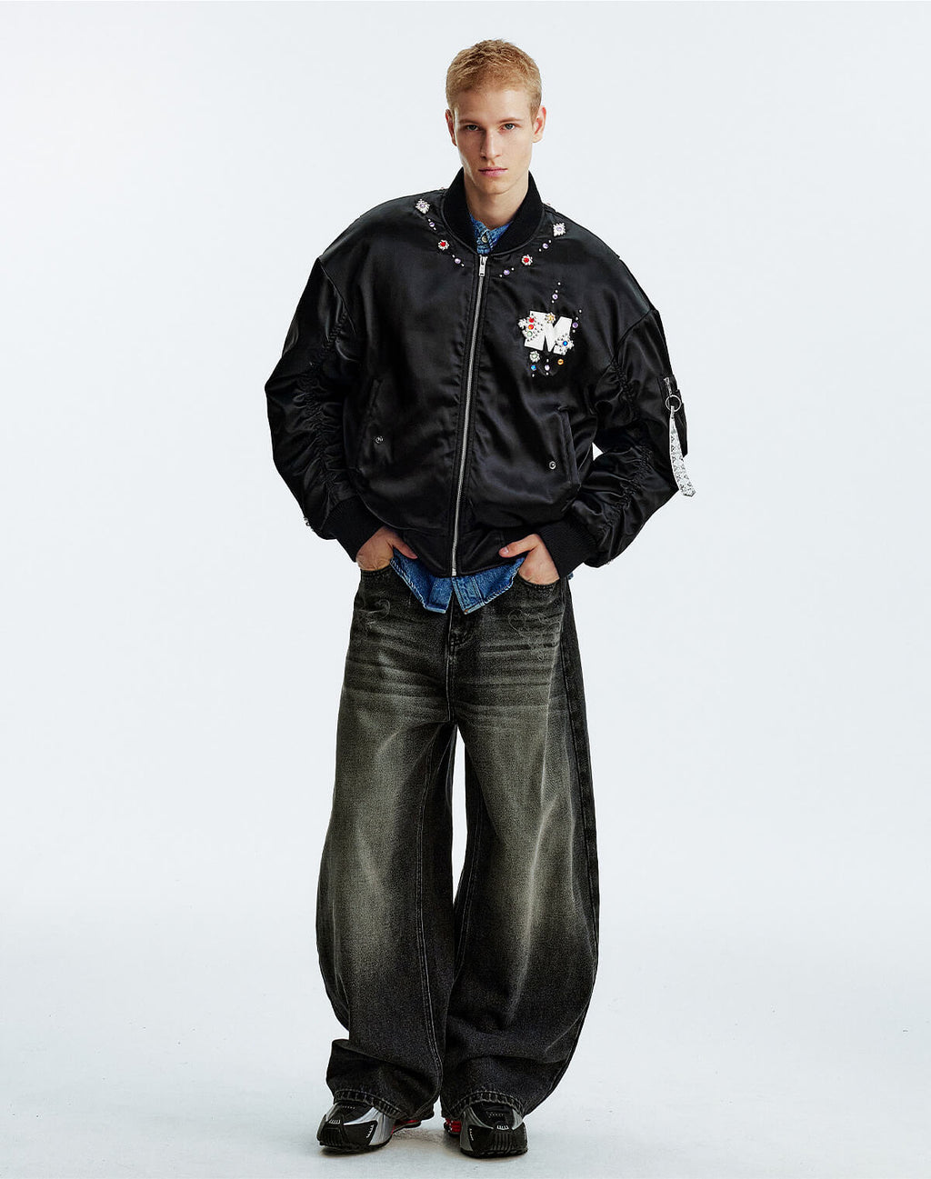MEDM Gemstone Studded Leather Patch MA-1 Bomber Jacket