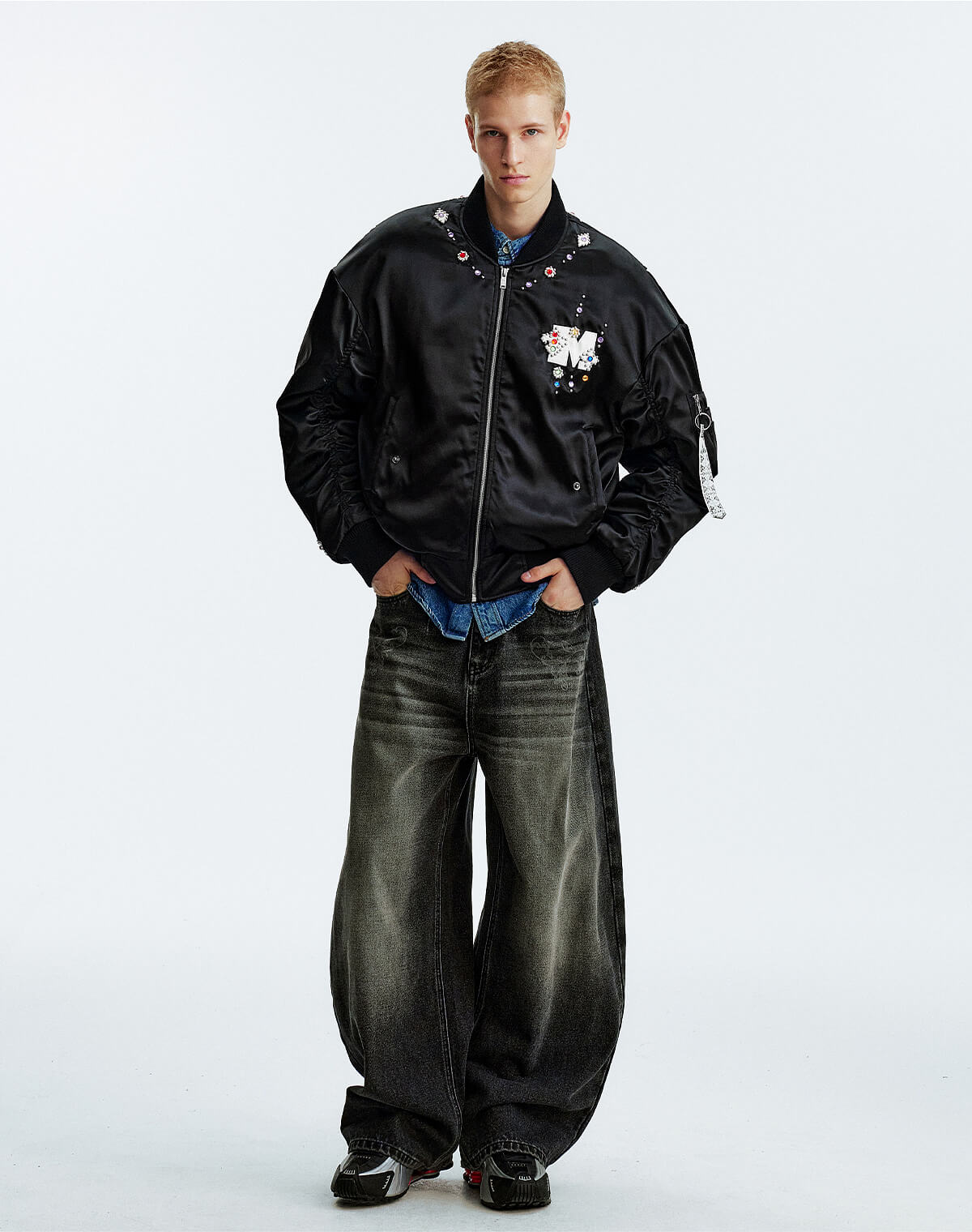 MEDM Gemstone Studded Leather Patch MA-1 Bomber Jacket