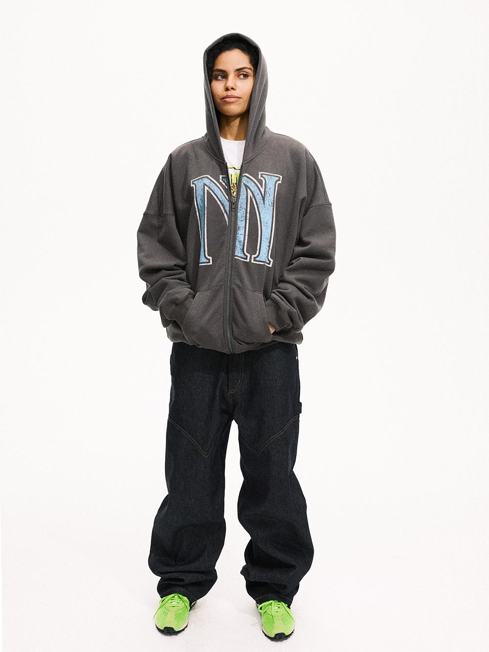 MHARF Gray Vintage Print Zip-Up Hoodie