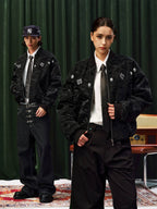 YADcrew Velvet PU Leather Pearl Jewelry Bomber Jacket