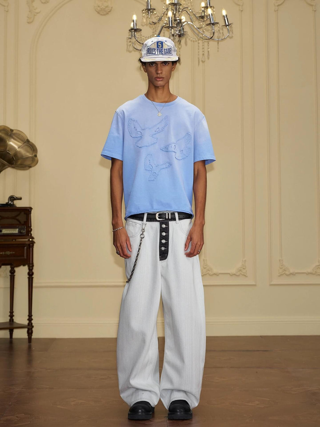 YADcrew Herringbone Waist Contrast Baggy Jeans