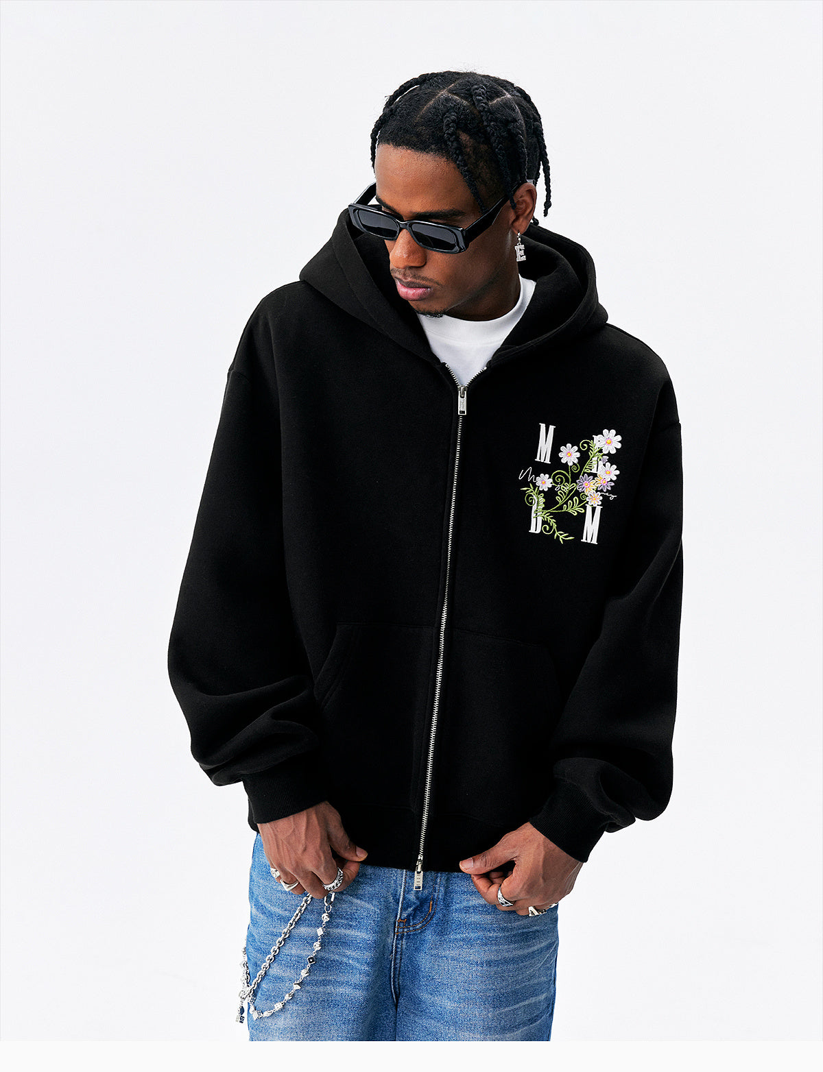 MEDM Floral Logo Embroidered Zip Up Hoodie