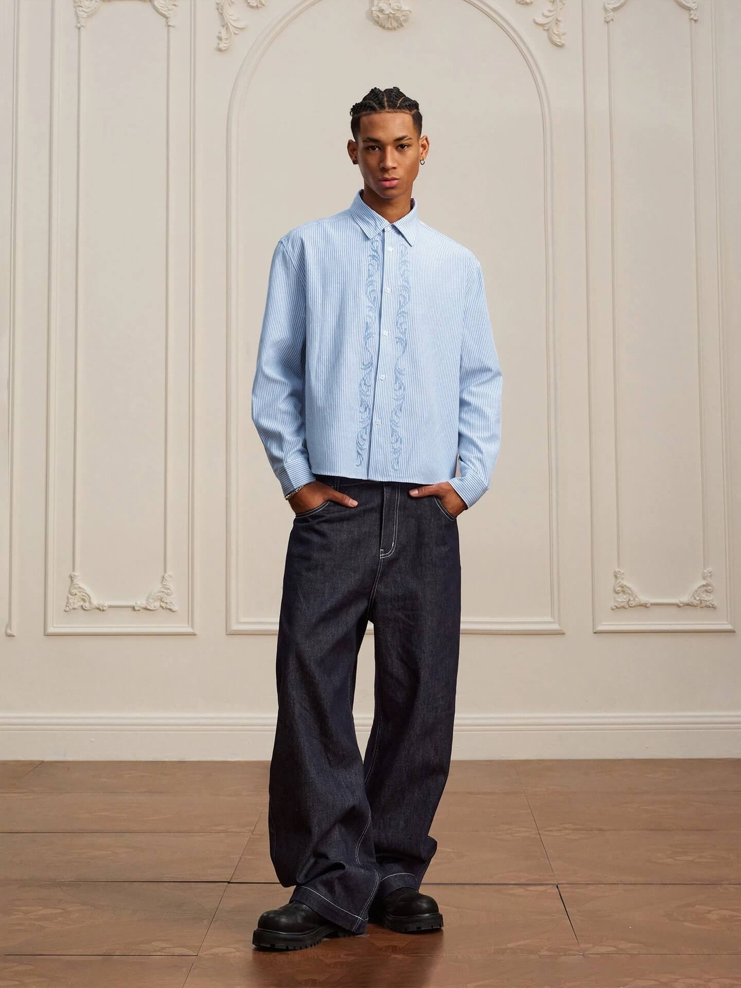 YADcrew Striped Embroidered Placket Button Up Long Sleeve Shirt