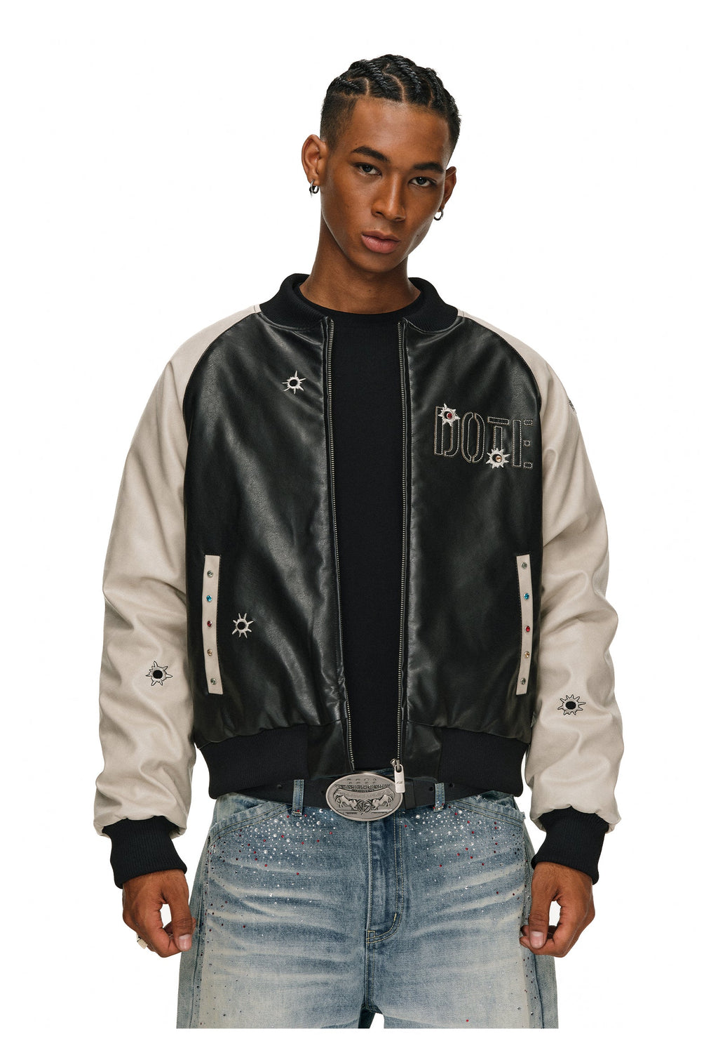 ANTIDOTE Bullseye Color Diamond Studded Leather Baseball Jacket