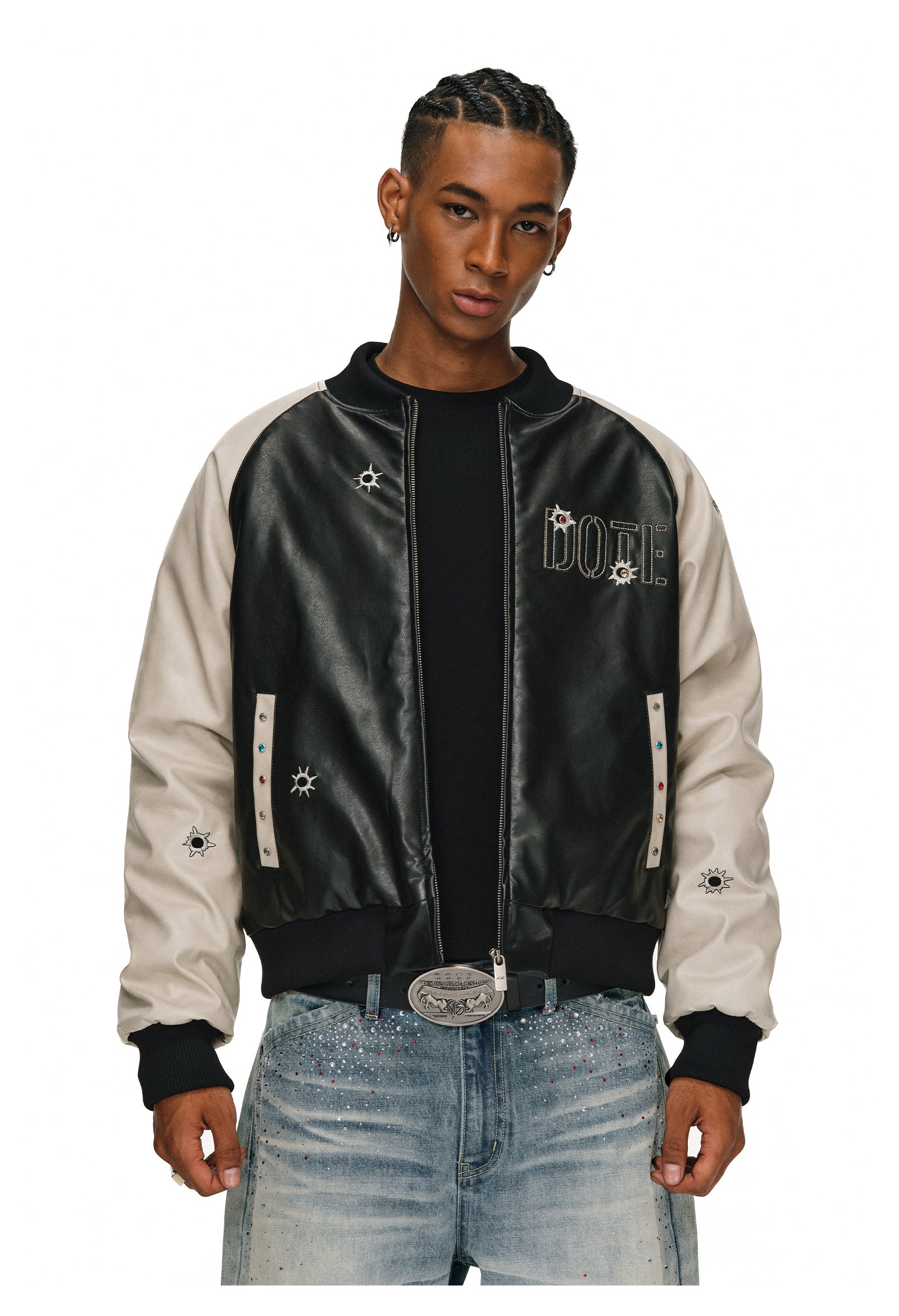 ANTIDOTE Bullseye Color Diamond Studded Leather Baseball Jacket