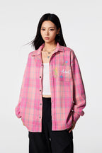 Achock Flower Embroidery Plaid Long Sleeved Shirt