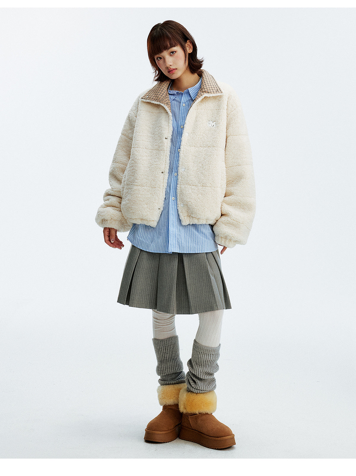 MEDM Plaid Trim Sherpa Short Jacket