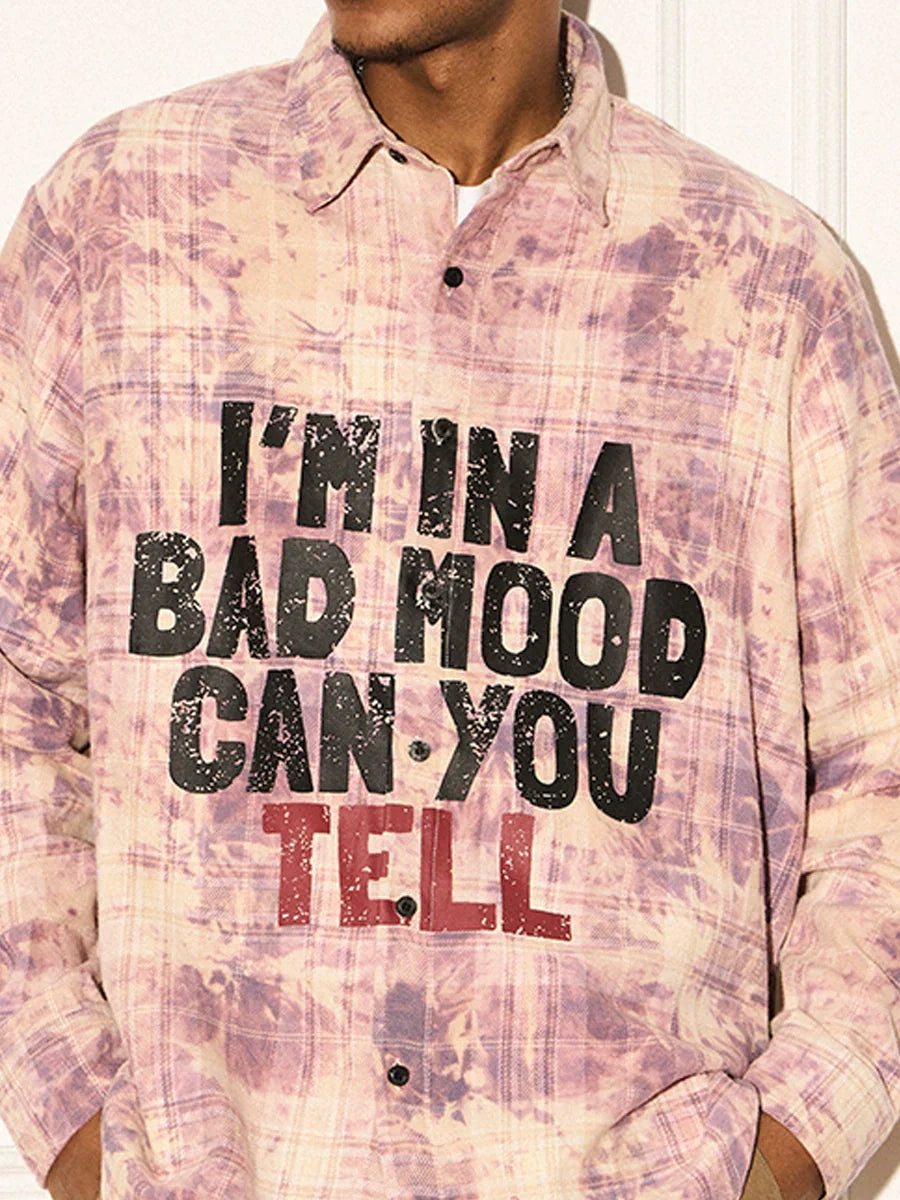 EMPTY REFERENCE Mottled Text Print Plaid Long Sleeve Shirt