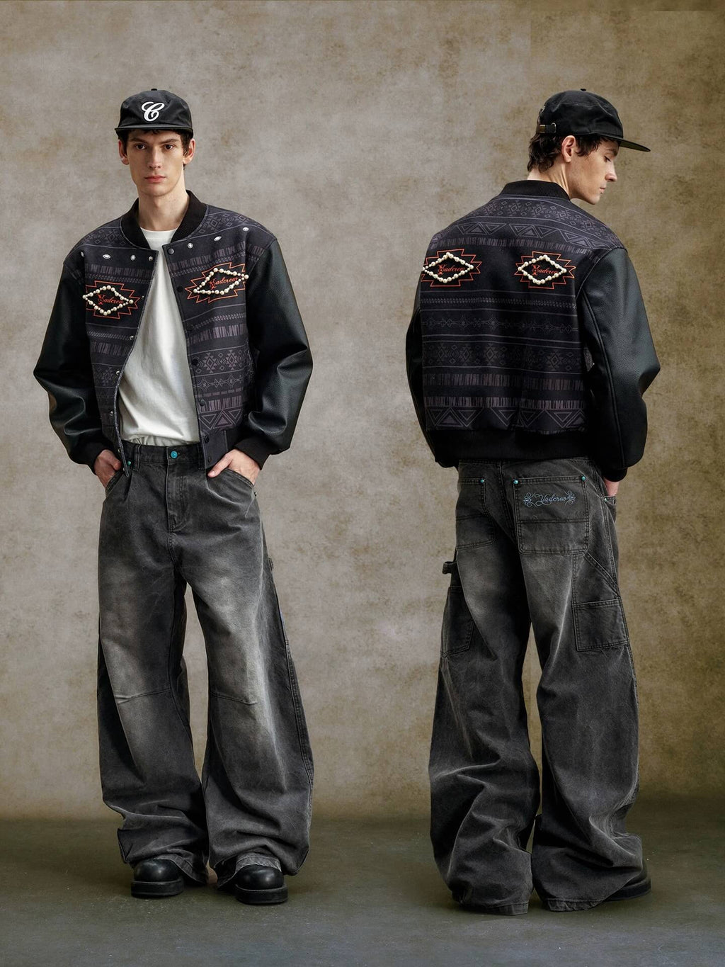 YADcrew Turquoise Studded Washed Tucked Painter Machete Jeans