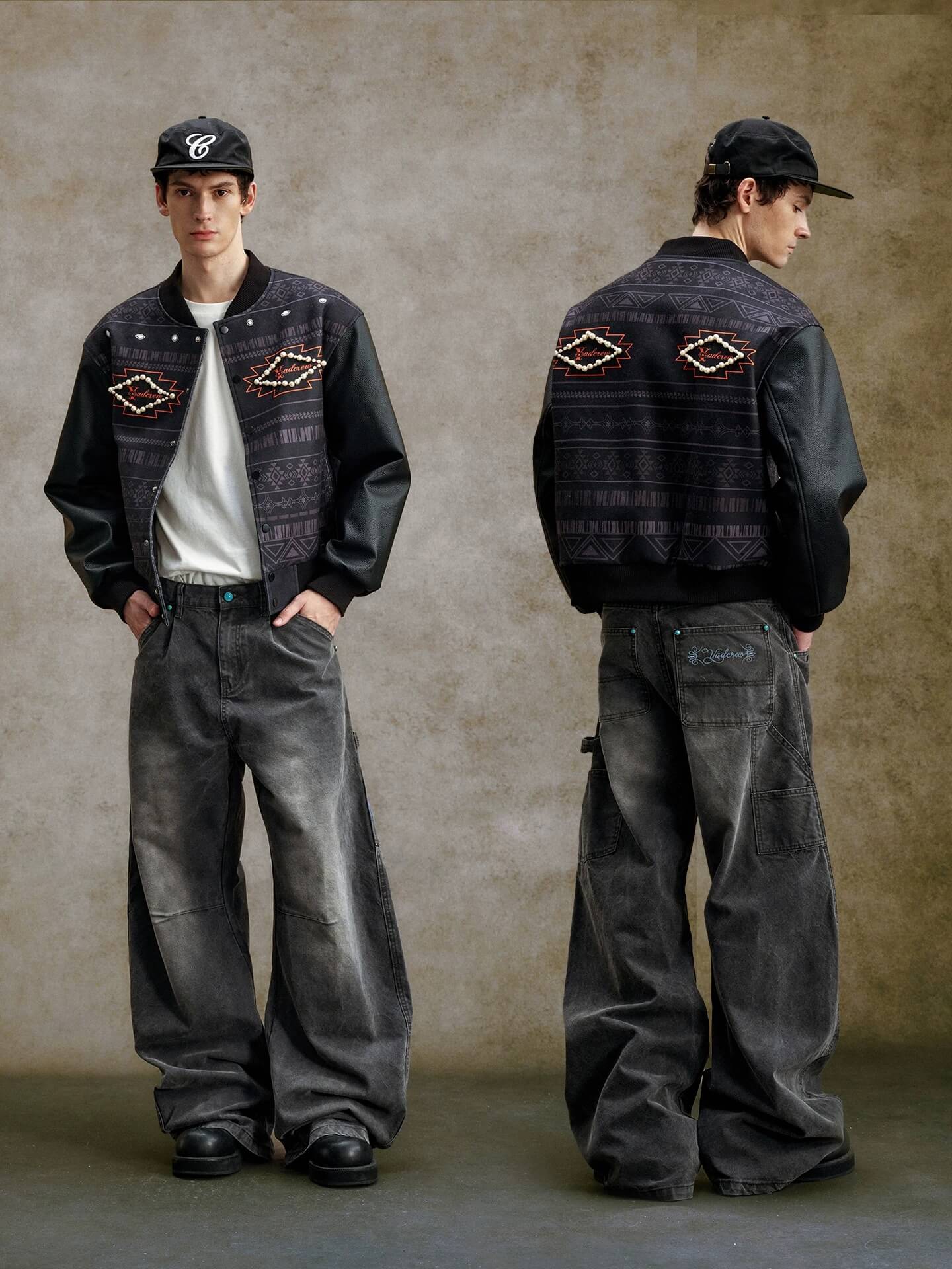 YADcrew Turquoise Studded Washed Tucked Painter Machete Jeans
