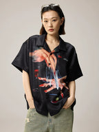 Remedy Finger and Wine Glass Full Print Short Sleeve Cuban Shirt