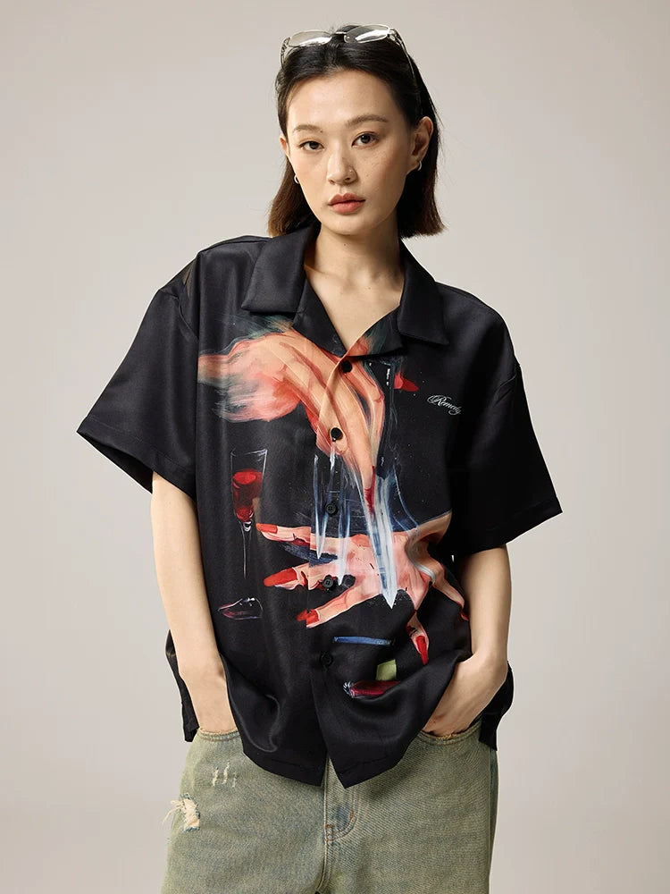 Remedy Finger and Wine Glass Full Print Short Sleeve Cuban Shirt