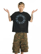 NOVACAM Circle Letter Vintage Washed Black Stitch Tee