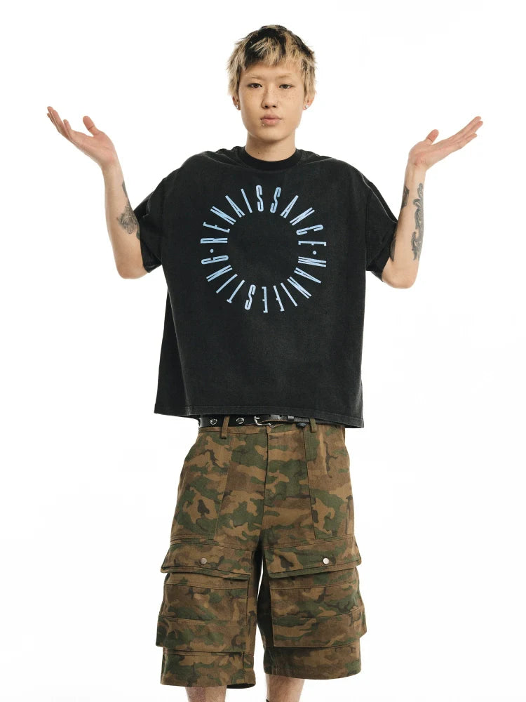 NOVACAM Circle Letter Vintage Washed Black Stitch Tee