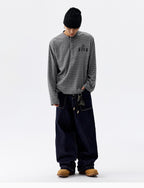 MEDM Rose Embroidered Striped Henley Long Sleeve Tee