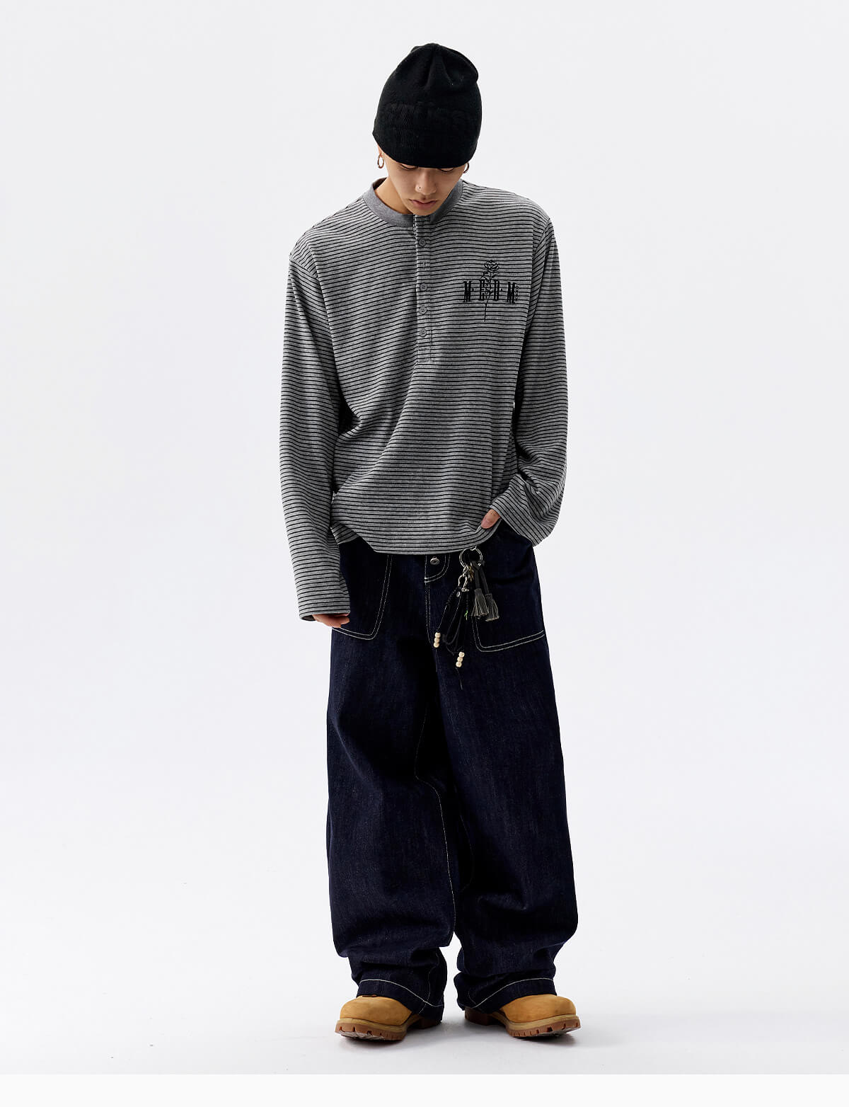 MEDM Rose Embroidered Striped Henley Long Sleeve Tee