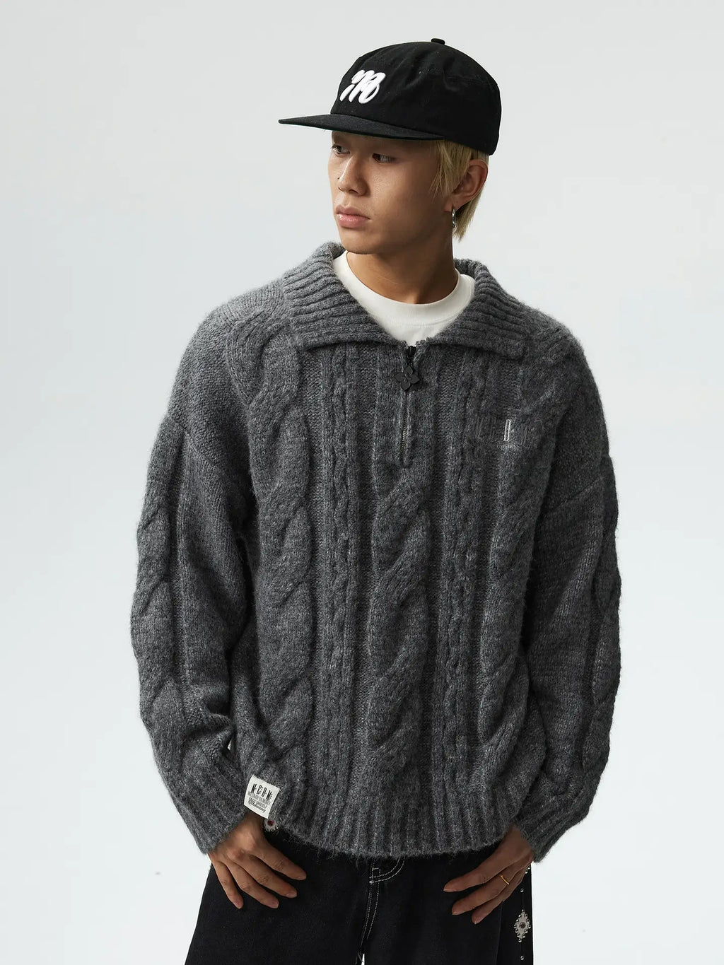 MEDM Cable Knit Half Zip Polo Sweater