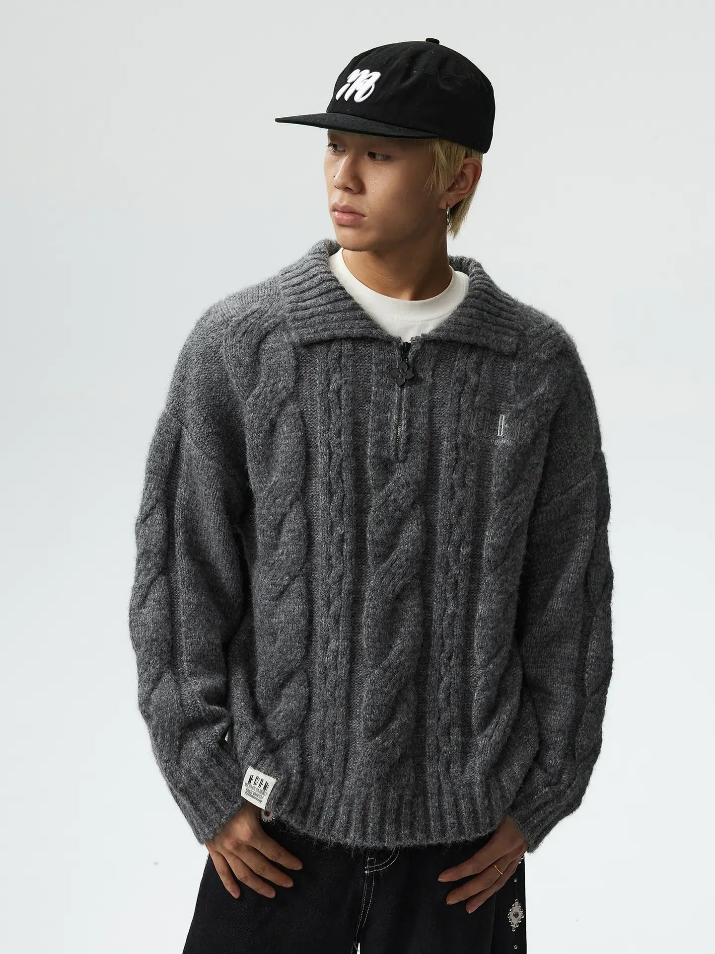 MEDM Cable Knit Half Zip Polo Sweater