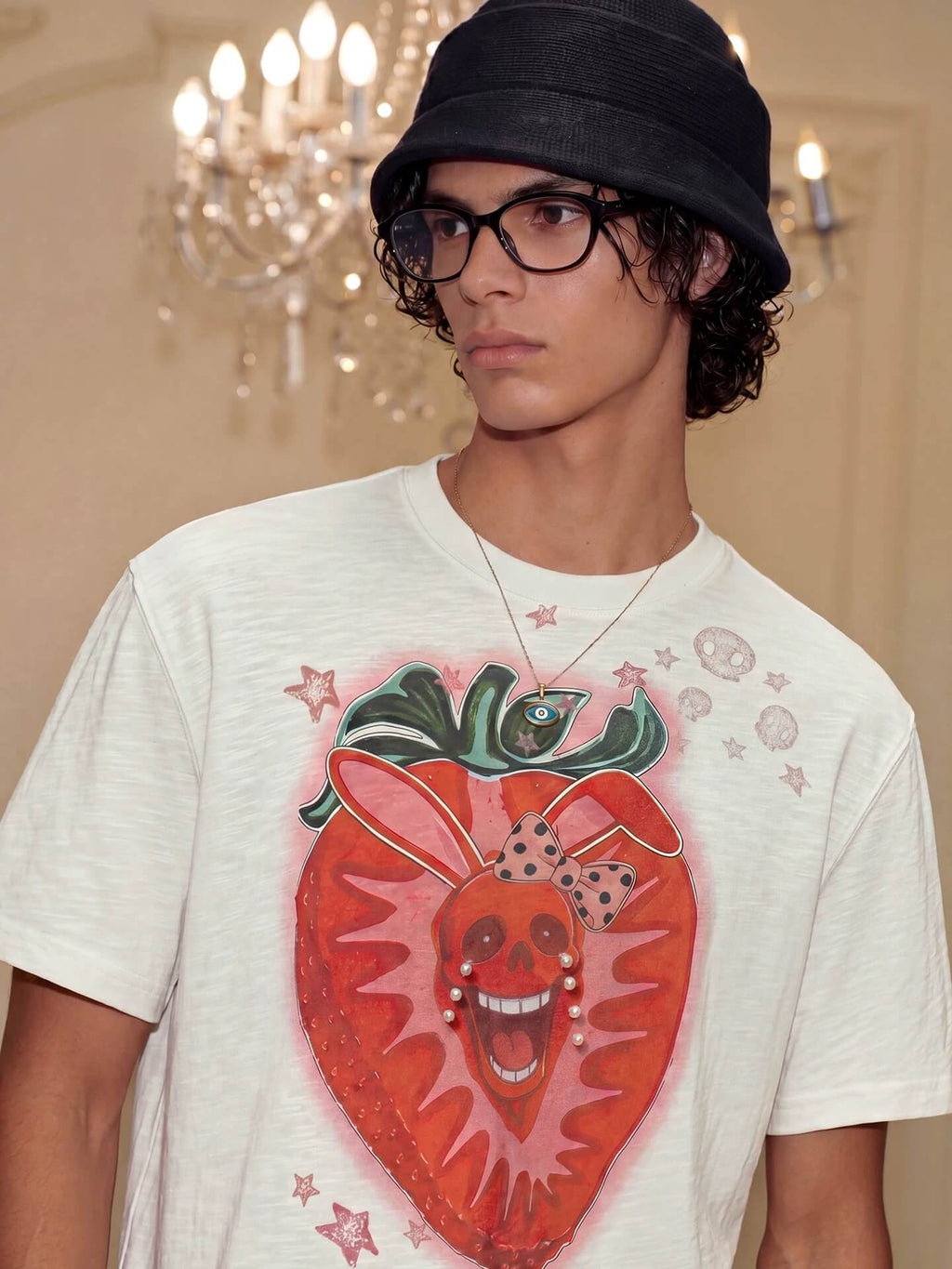 YADcrew Berry Bone Sweetheart Print Pearl and Rhinestone Tee