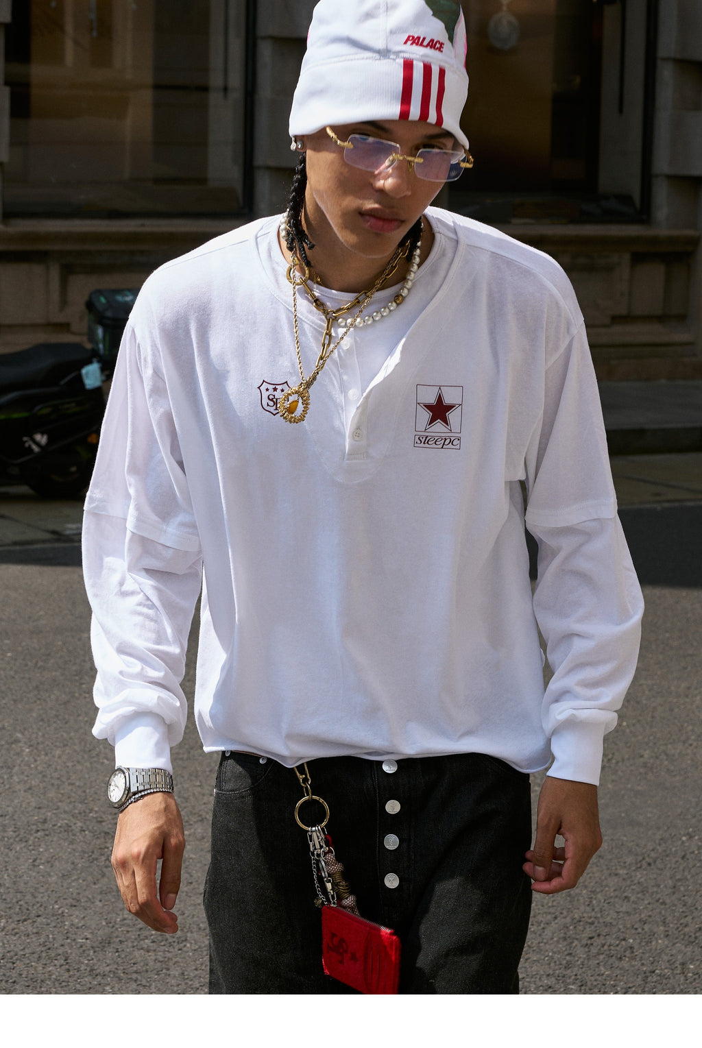 STEEPC Pearl Star Layered Henley Neck Long Sleeve Tee