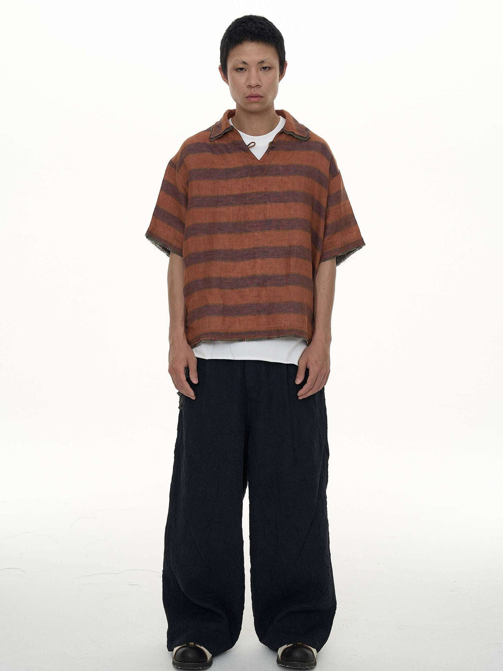 EVILKNIGHT(EK) Striped Plaid Tie-Dye Linen Polo Shirt