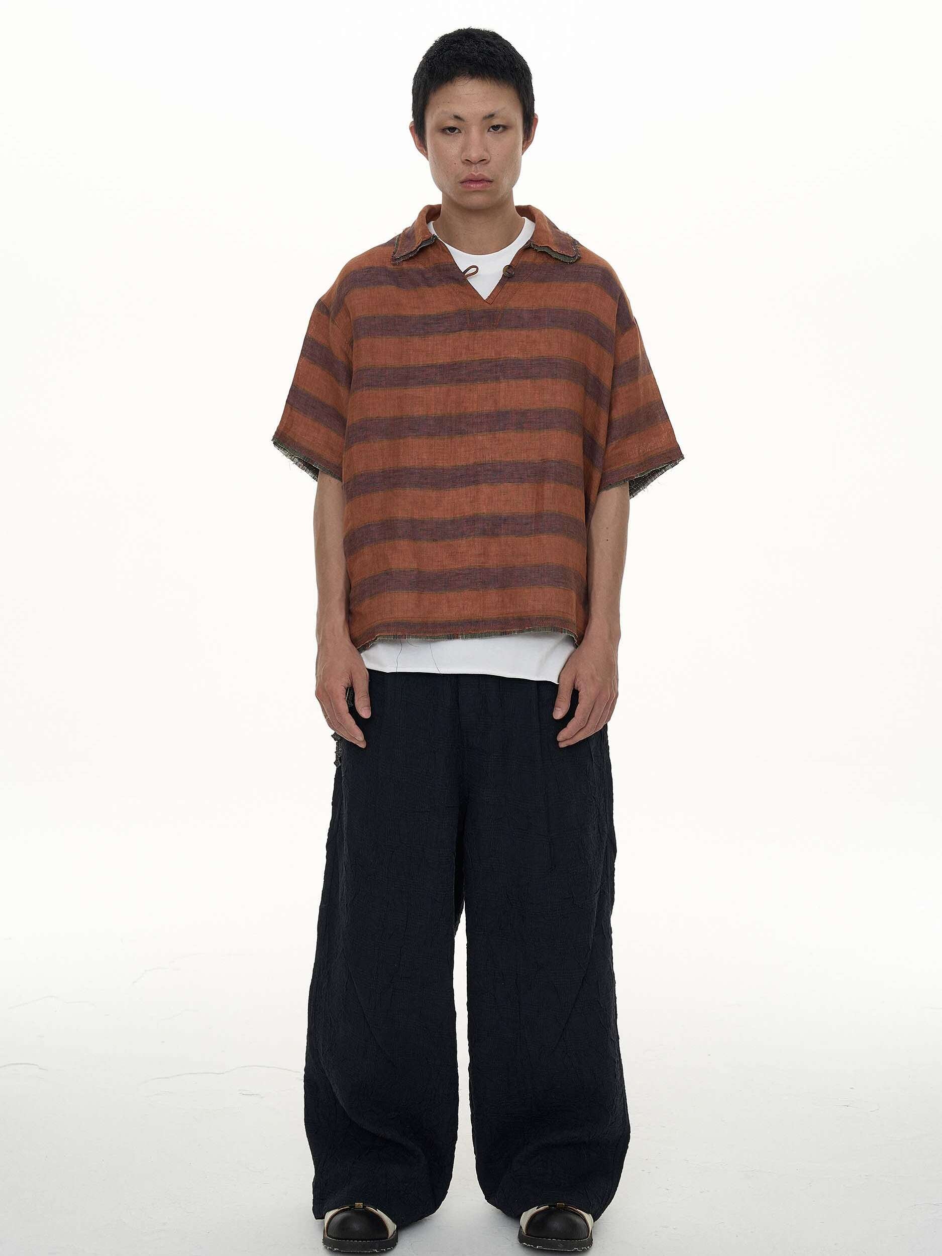 EVILKNIGHT(EK) Striped Plaid Tie-Dye Linen Polo Shirt