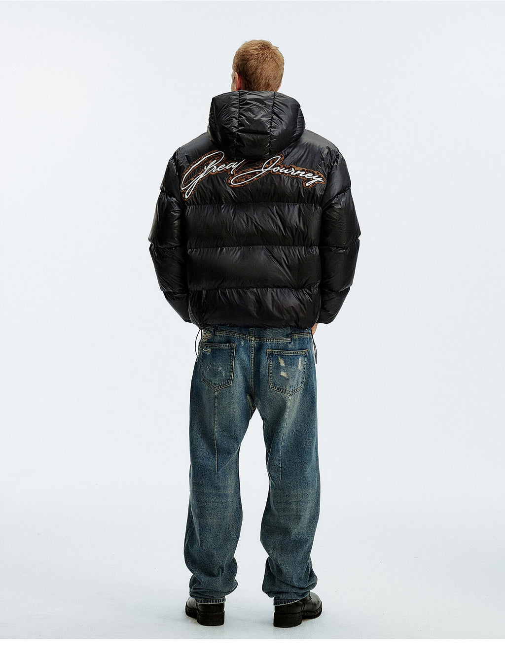 MEDM Leopard Leather Patch Puffer Jacket