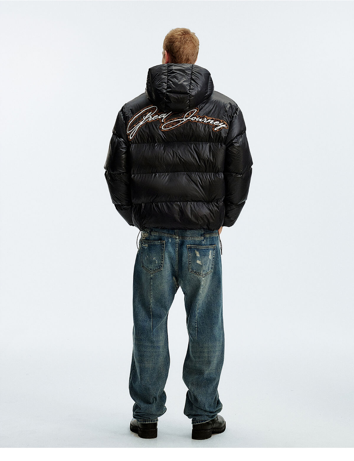MEDM Leopard Leather Patch Puffer Jacket