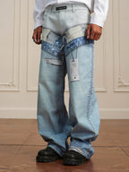 YADcrew 3D Digital Print Double Waist Washed Jeans