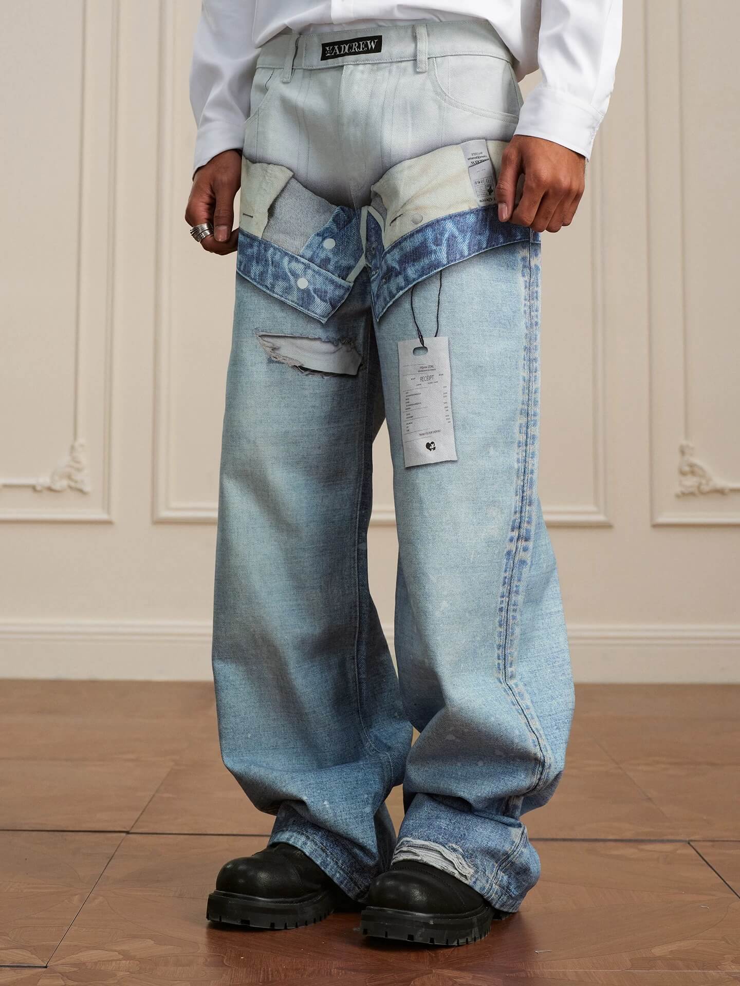 YADcrew 3D Digital Print Double Waist Washed Jeans