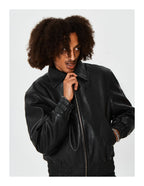 KARMANISTIC Graphic Embroidered Leather Short Bomber Jacket