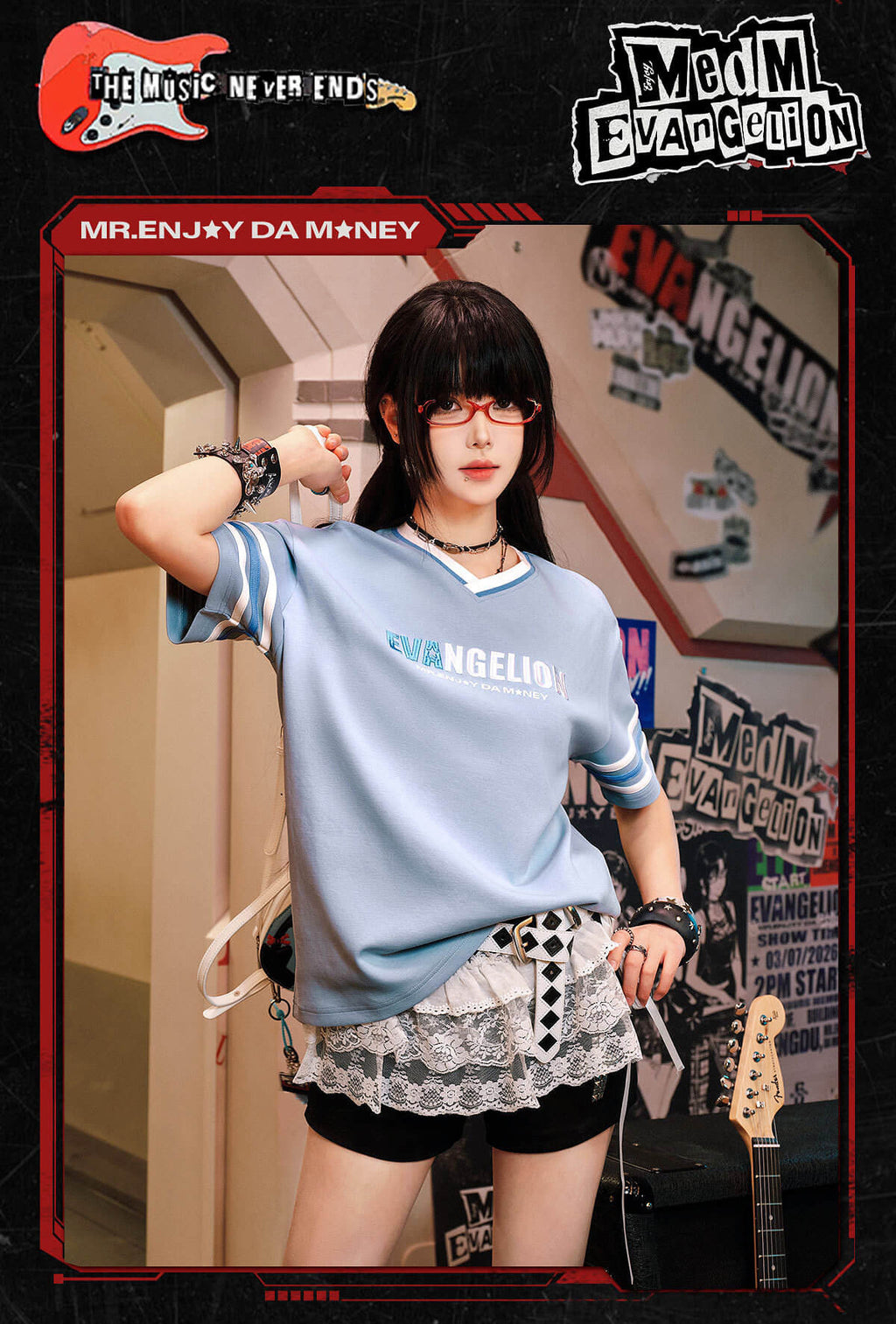 MEDM x EVA NEVER END Character Sketch Print Name Embroidered V Neck Tee