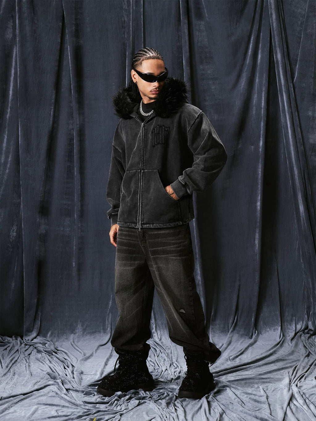 1807 Faux Fur Hood Trim Washed Zip Up Hoodie