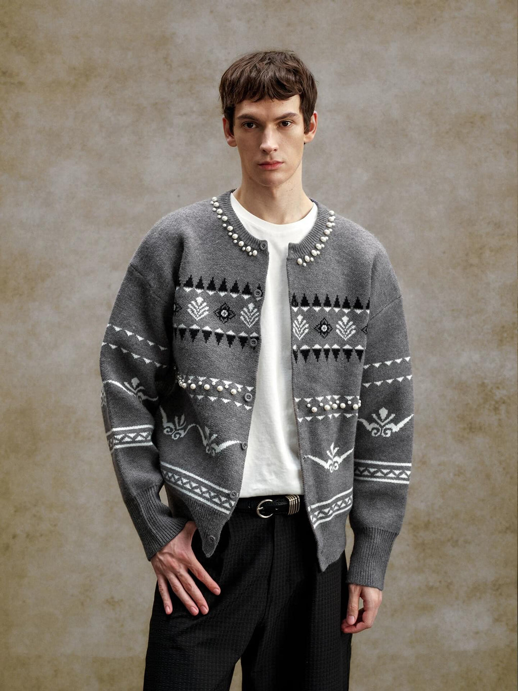 YADcrew Pearl Embellished Fair Isle Knit Crew Neck Cardigan