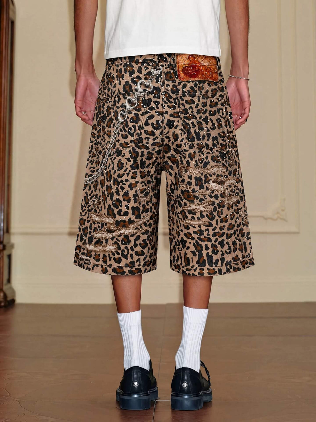 YADcrew Leopard Digital Print All Over Rhinestone Baggy Shorts