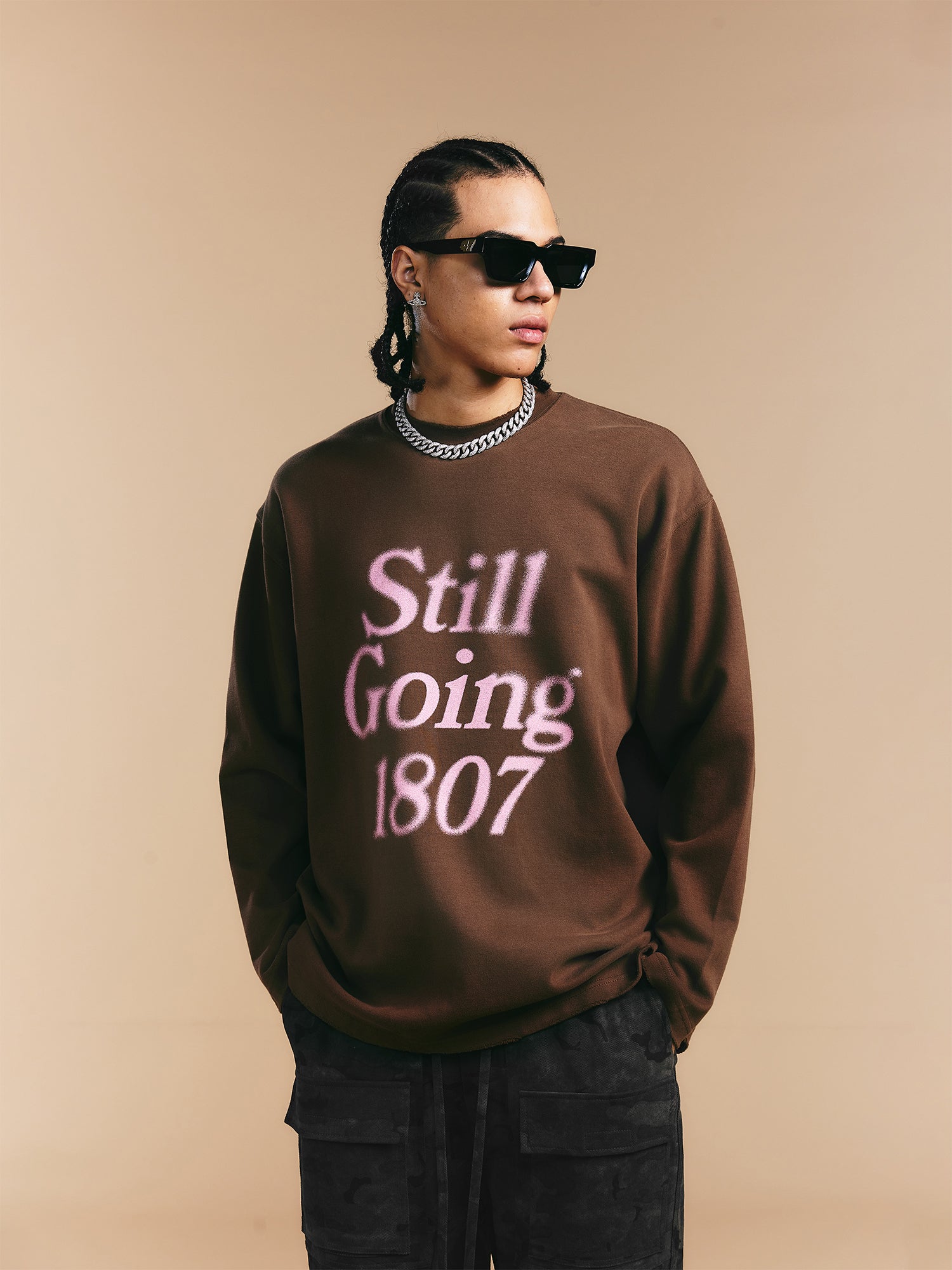 1807 Blurred Logo Print Distressed Long Sleeve Tee