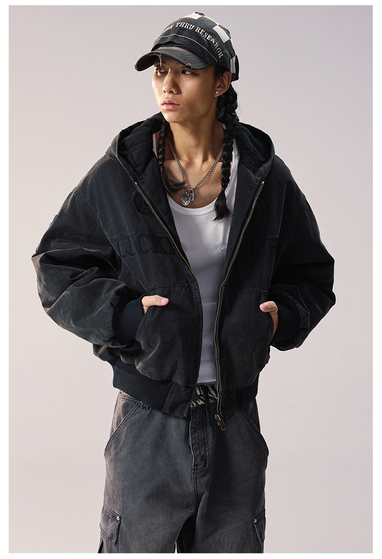 Remedy Embroidered Washed Hooded Bomber Jacket
