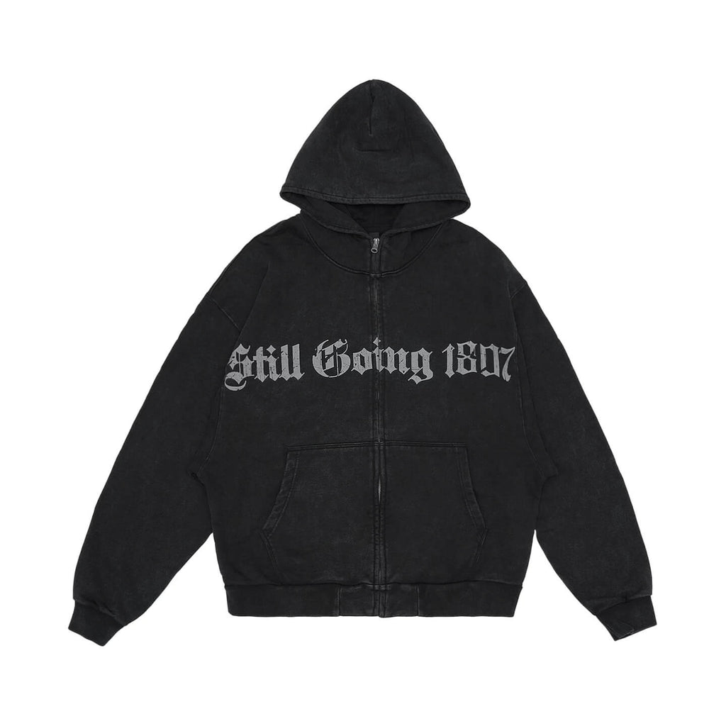 1807 Gothic Printed Washed Zip Up Hoodie