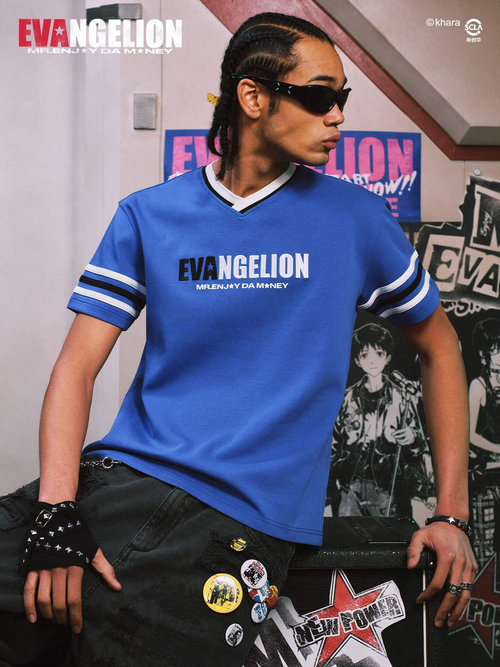 MEDM x EVA NEVER END Character Sketch Print Name Embroidered V Neck Tee