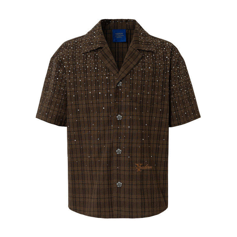 YADcrew Galaxy Rhinestone Plaid Short Sleeve Shirt