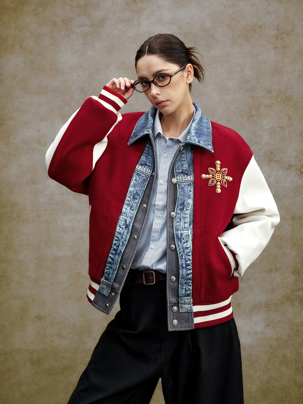 YADcrew Pearl Studded Digital Denim Varsity Jacket
