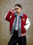 YADcrew Pearl Studded Digital Denim Varsity Jacket